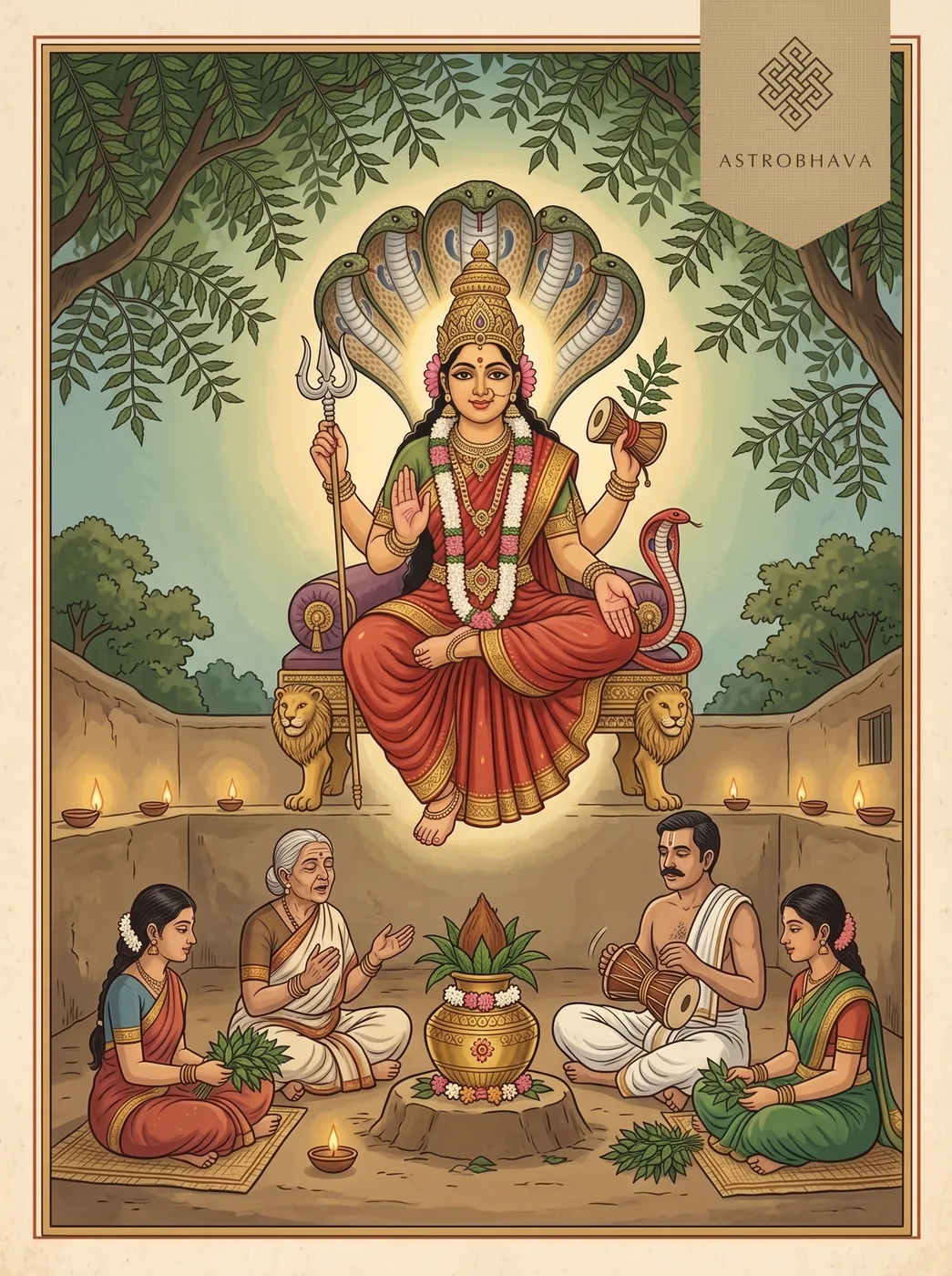 Mariamman Thalattu: gracious Mariamman on a lion throne under a cobra's hood as a village family sings with neem leaves and a hand drum