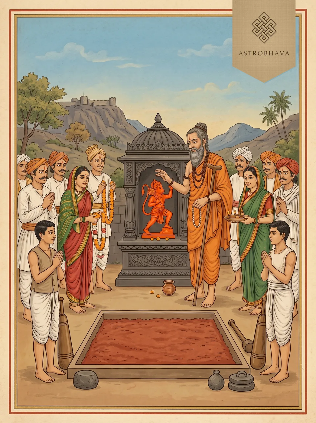 Maruti Stotra: Samarth Ramdas consecrating a vermilion Hanuman shrine in a Deccan village as wrestlers stand by