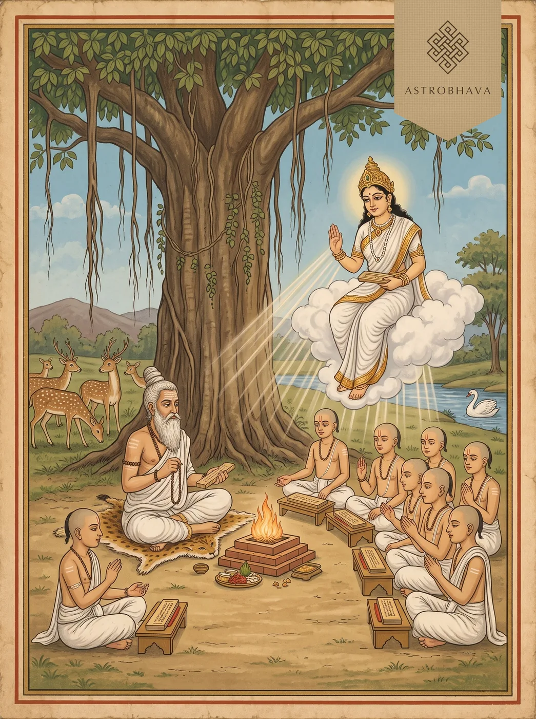 Medha Suktam: Goddess Medha descending on a white cloud to bless young students chanting the Veda under a banyan at dawn