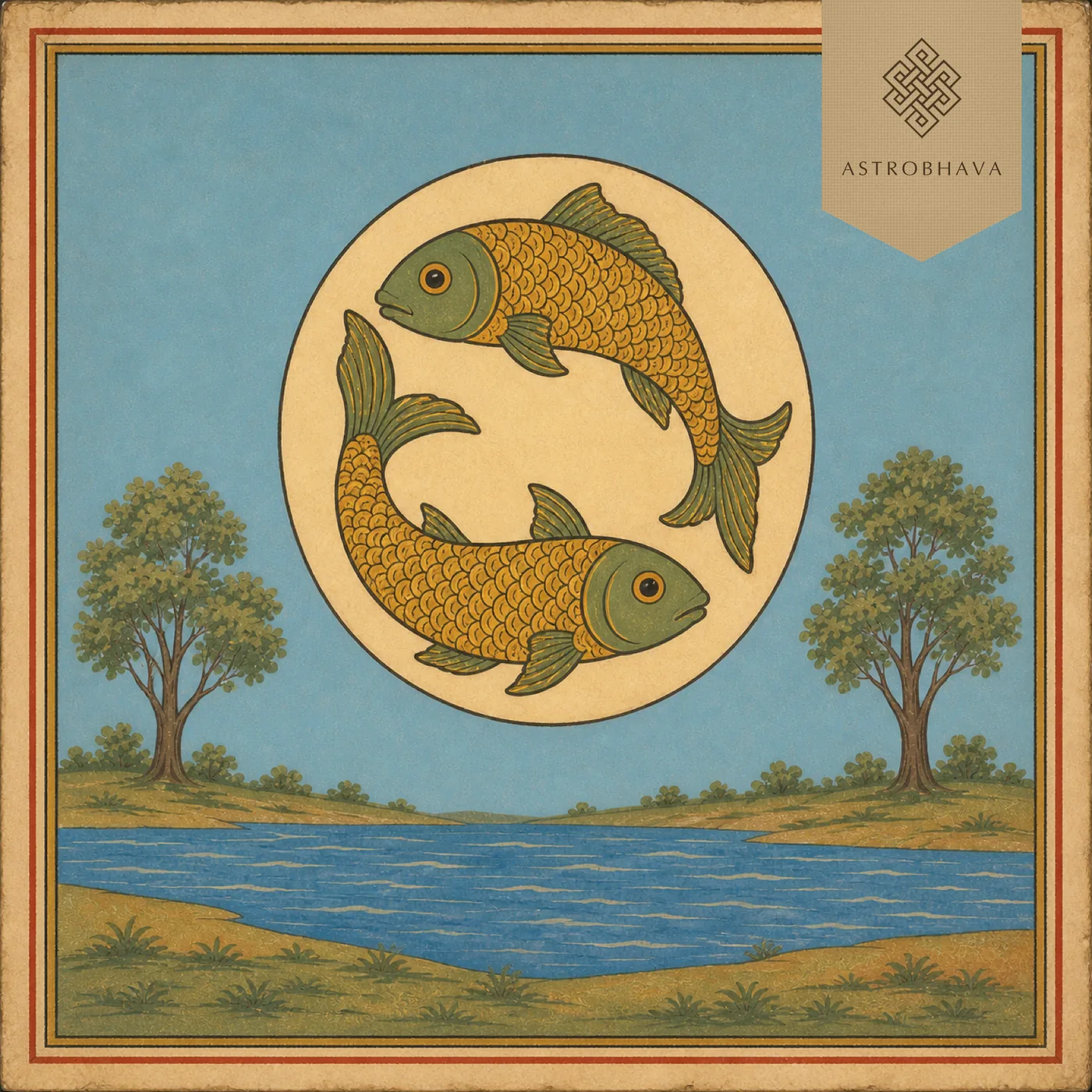 Vintage Indian devotional-calendar illustration of the Meena Pisces paired fish above a river in a coordinated Vedic zodiac series