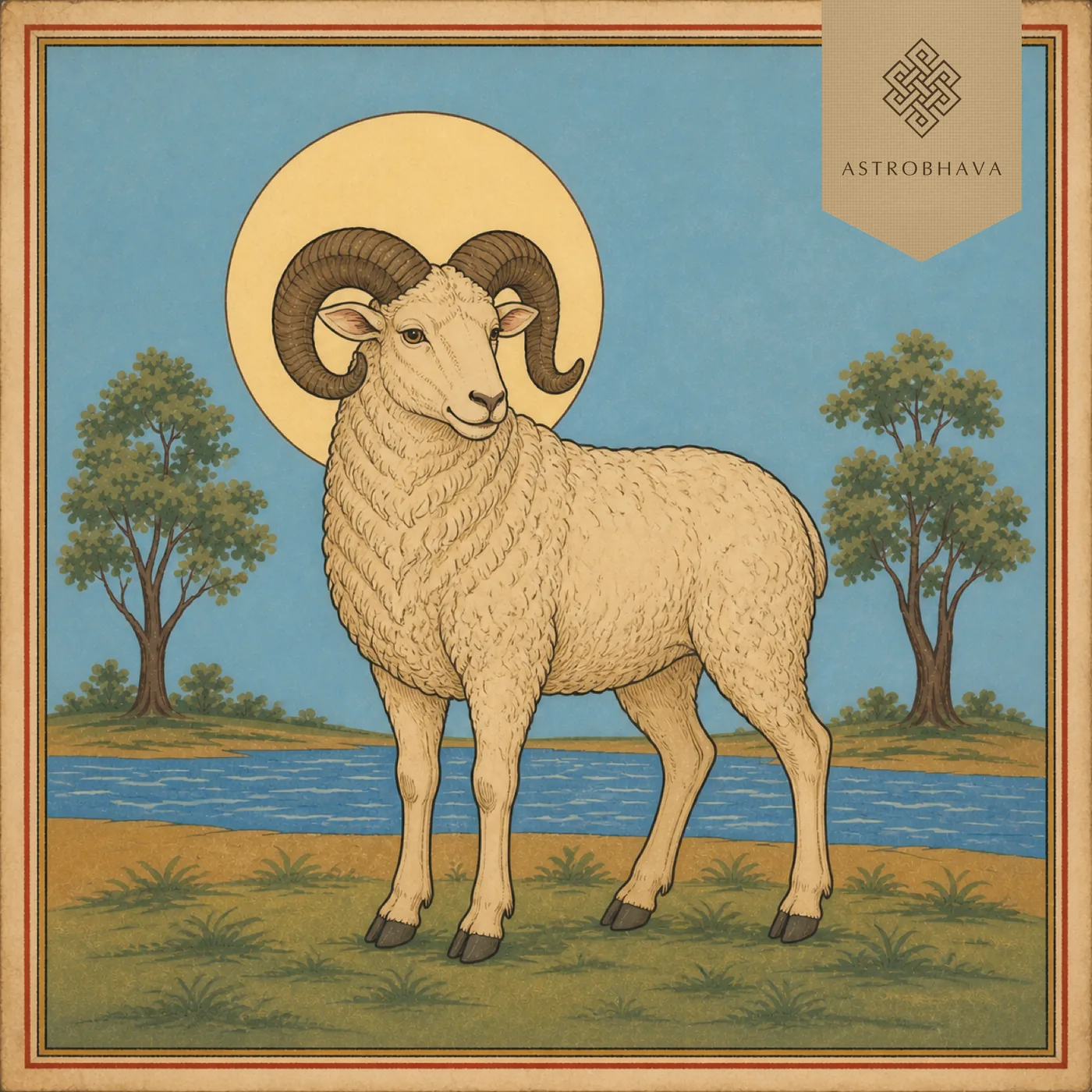 Vintage Indian devotional-calendar illustration of the Mesha Aries ram standing beside a river in a coordinated Vedic zodiac series