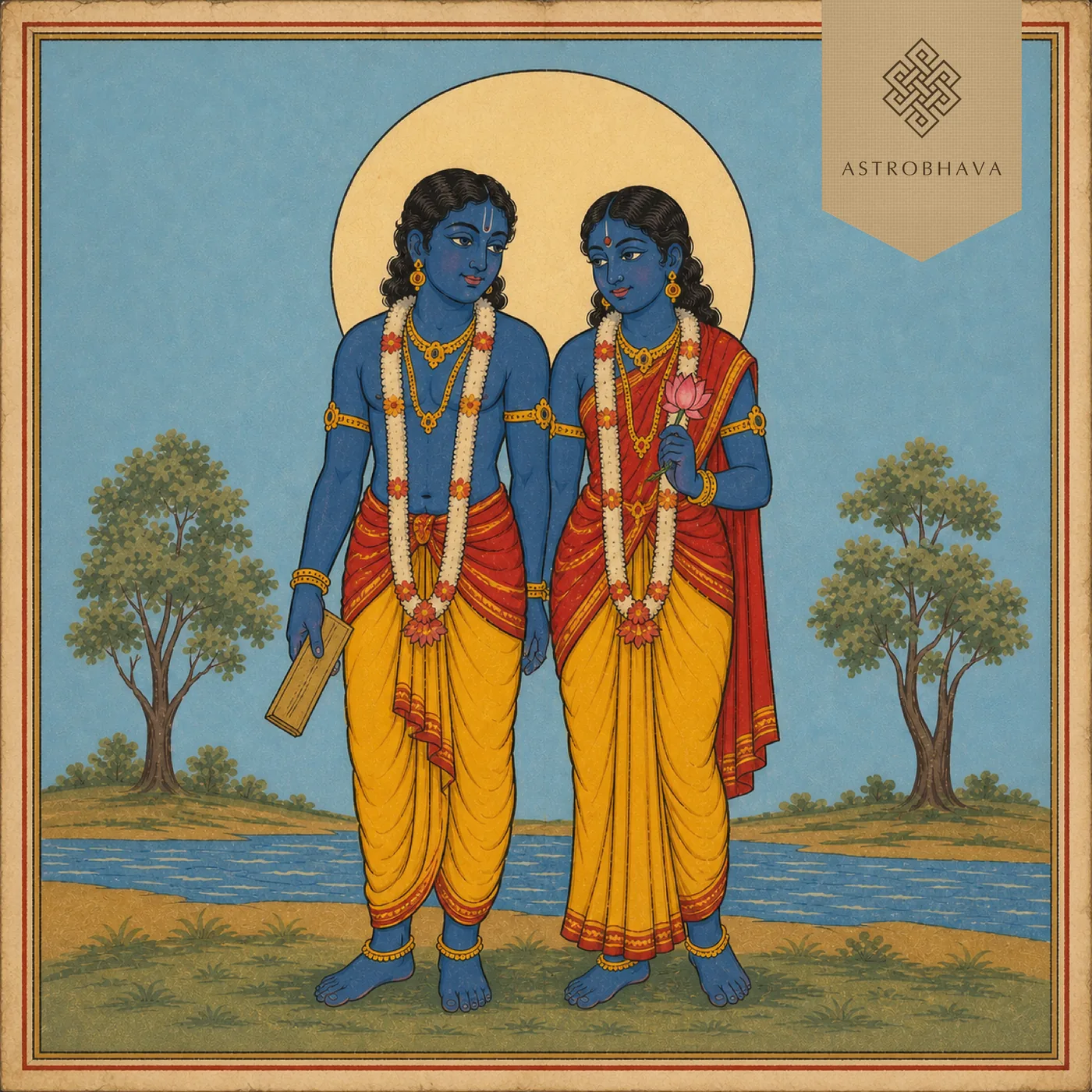 Vintage Indian devotional-calendar illustration of the Mithuna Gemini male and female twins beside a river in a coordinated Vedic zodiac series