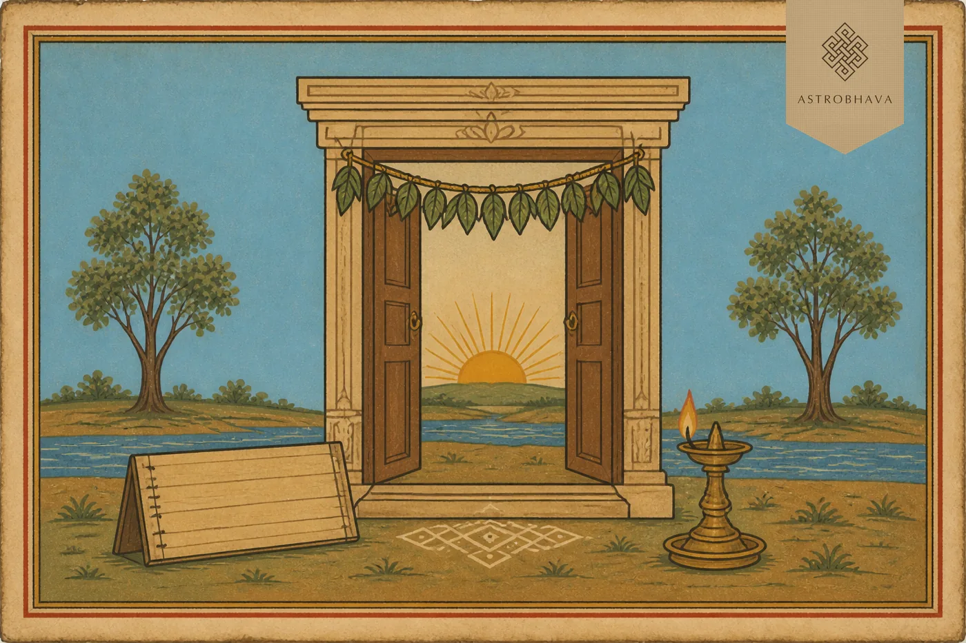 Vintage Indian astrology illustration of an auspicious doorway at sunrise with a blank calendar, mango-leaf torana and brass lamp