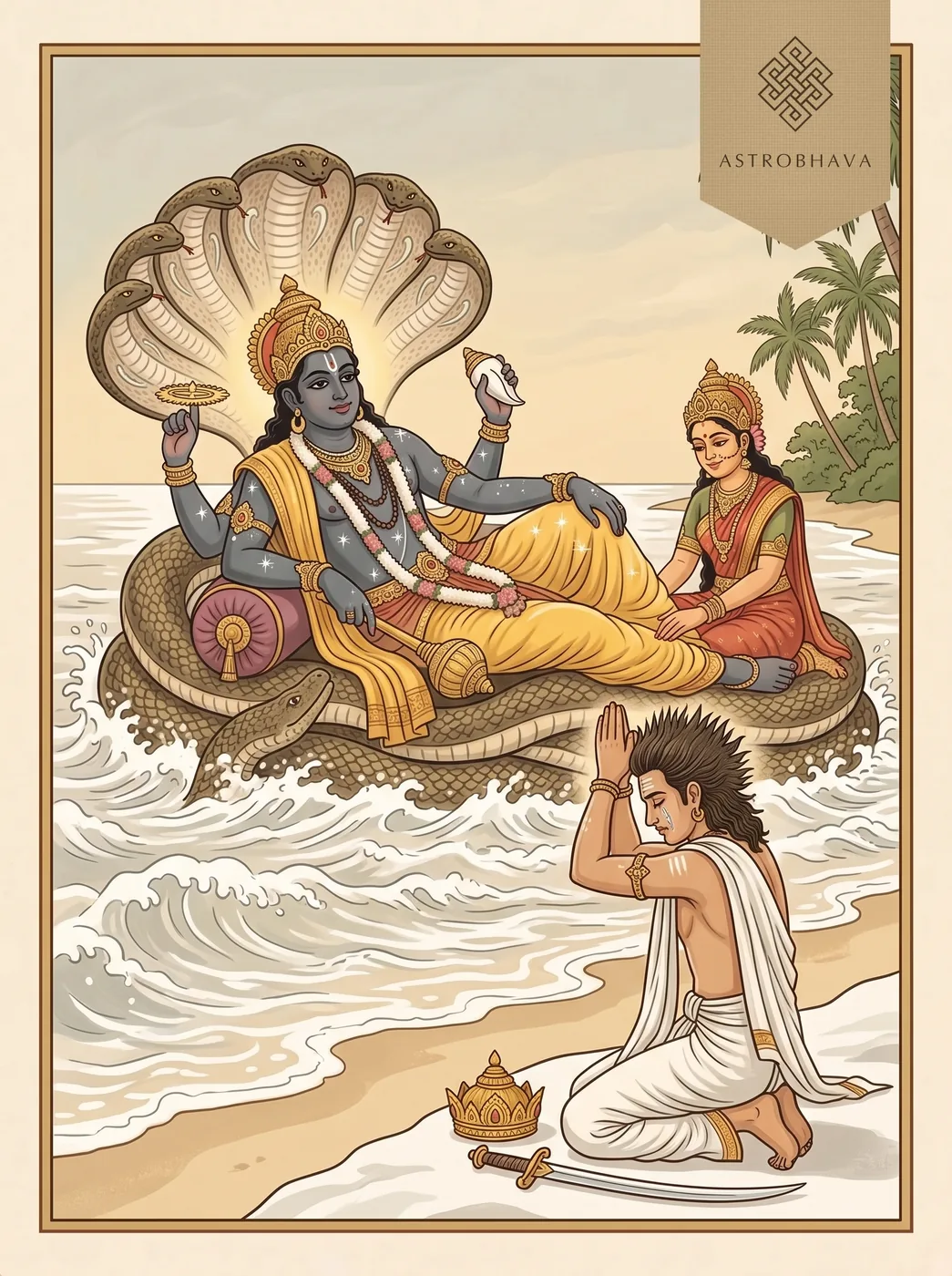 Mukundamala Stotram: King Kulashekhara kneeling in tears with his crown laid aside before Vishnu reclining on the serpent Ananta