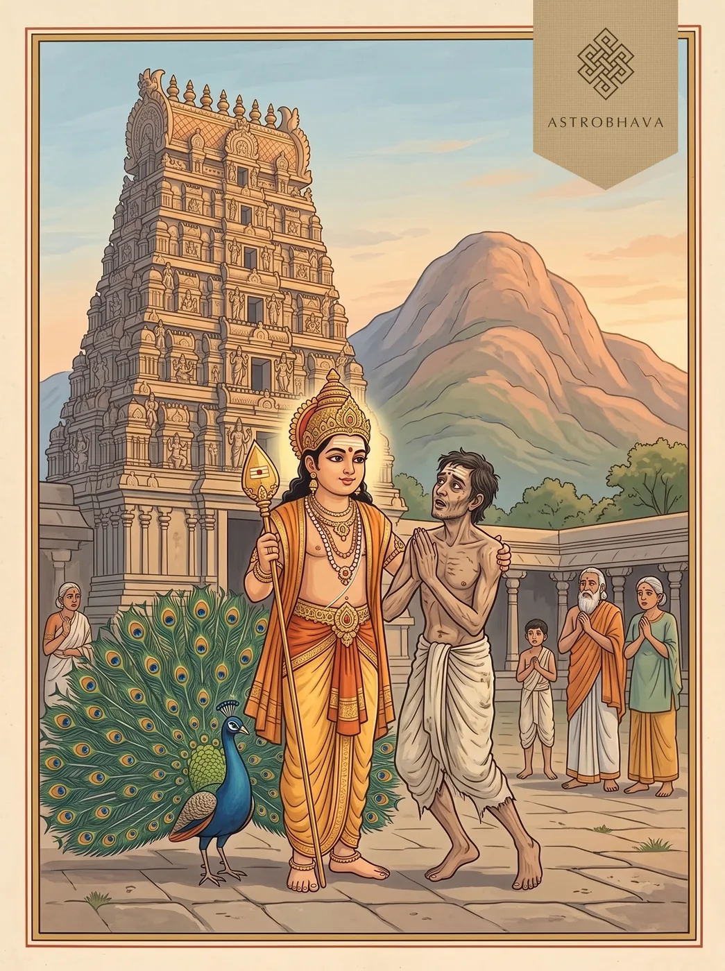 Muthai Tharu: Murugan catching Arunagiri as he falls from the temple tower at Tiruvannamalai, Arunachala behind