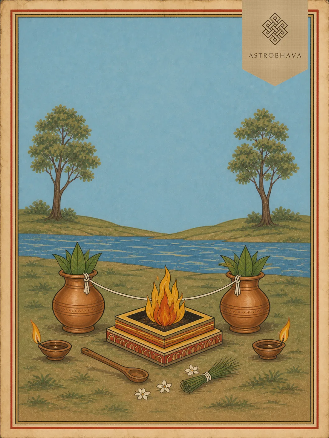 Nadi Dosha Nivaran Homa for Nadi dosha relief in marriage: paired kalashas joined by a sacred thread