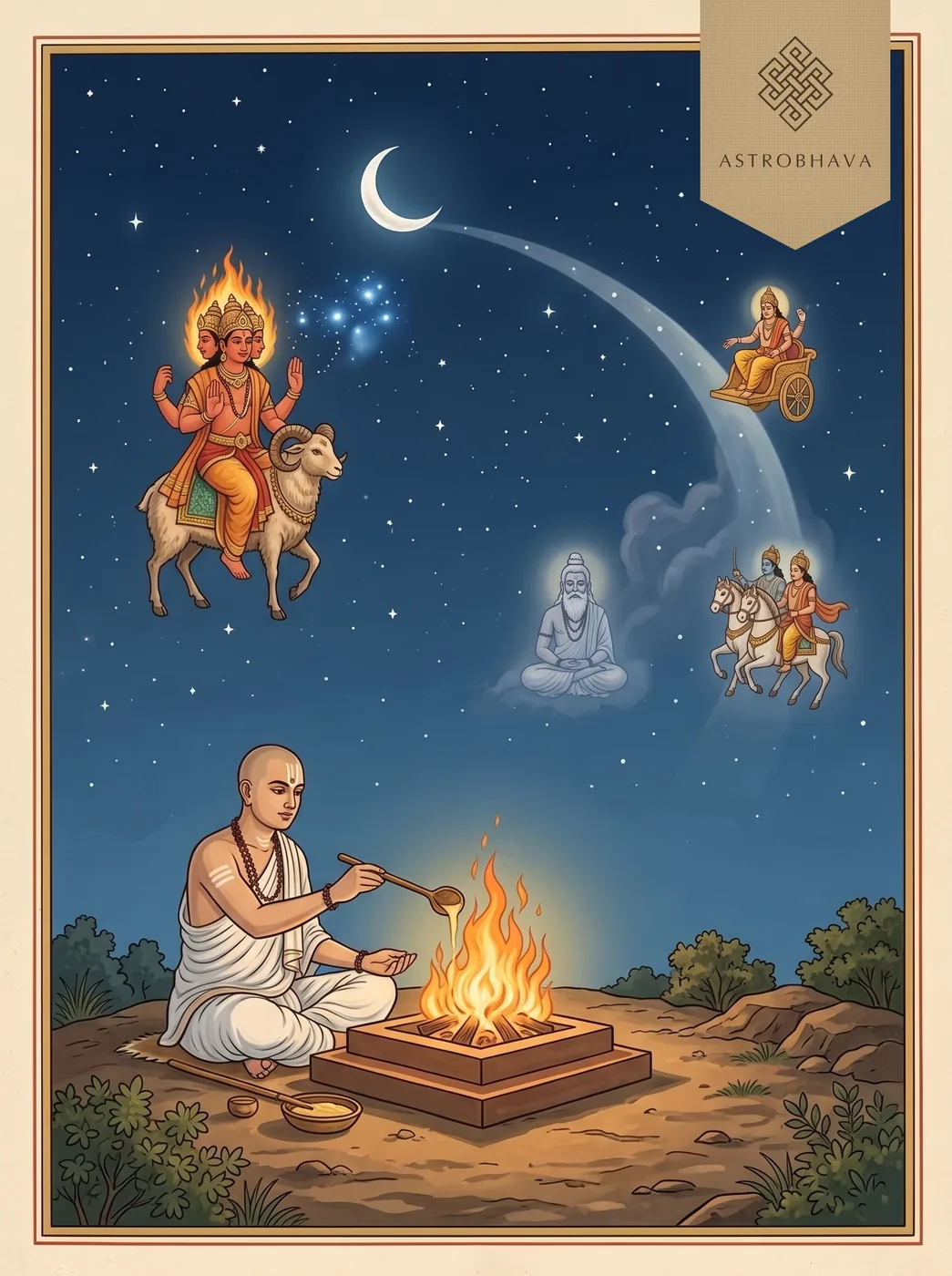 Nakshatra Suktam: a priest offering at a fire under the night sky as Agni appears beside the Pleiades on the moon's path