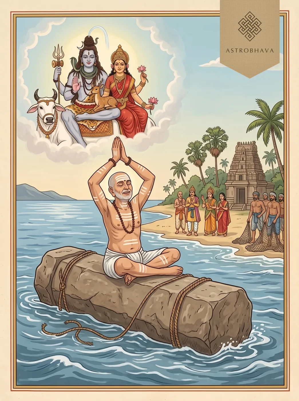 Namasivaya Thiruppathigam: Appar bound to a stone, singing with joined palms as it floats toward the shore, Shiva and Parvati above