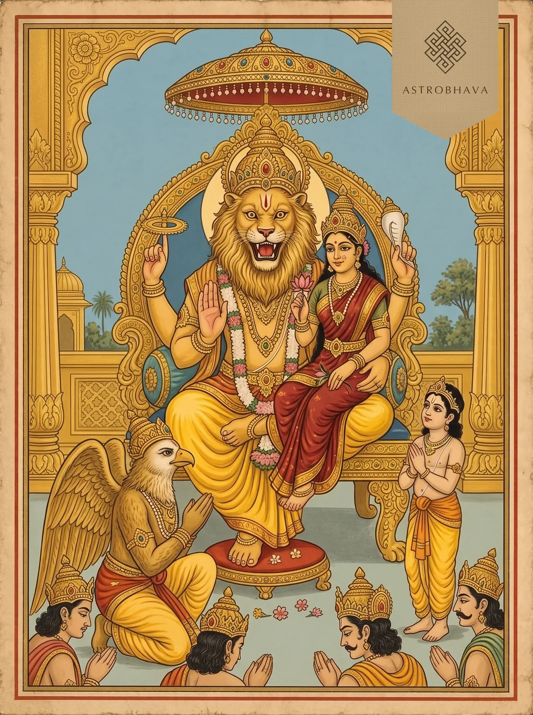 Narasimha Kavacham: Narasimha enthroned with Lakshmi on his lap, Garuda singing and the boy Prahlada praying