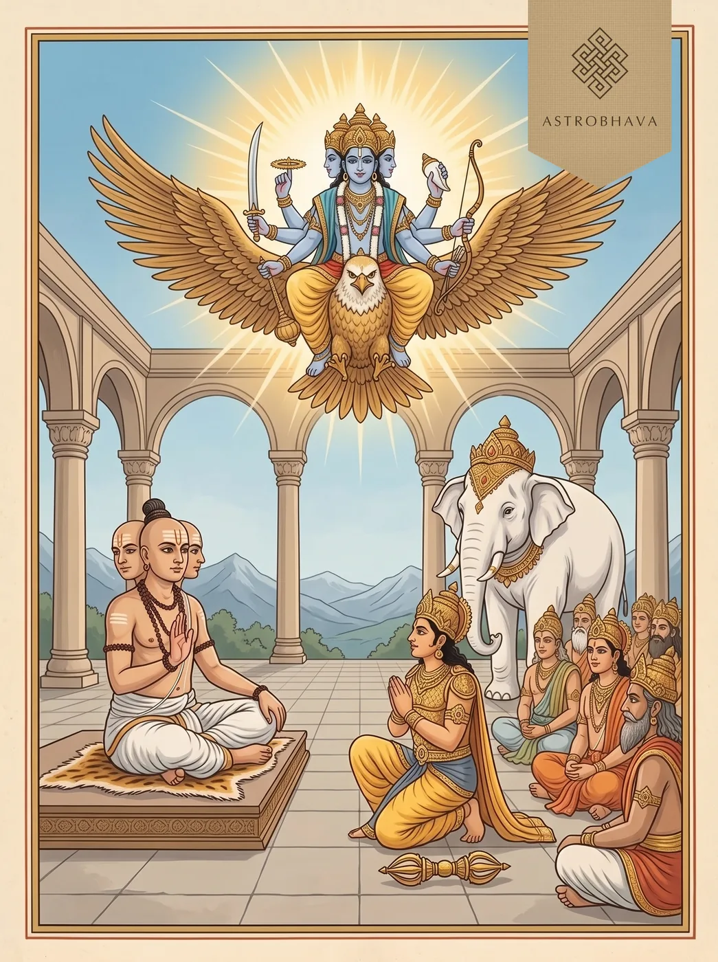 Narayana Kavacham: three-headed Vishvarupa teaching Indra the armour as eight-armed Vishnu appears on Garuda with his weapons