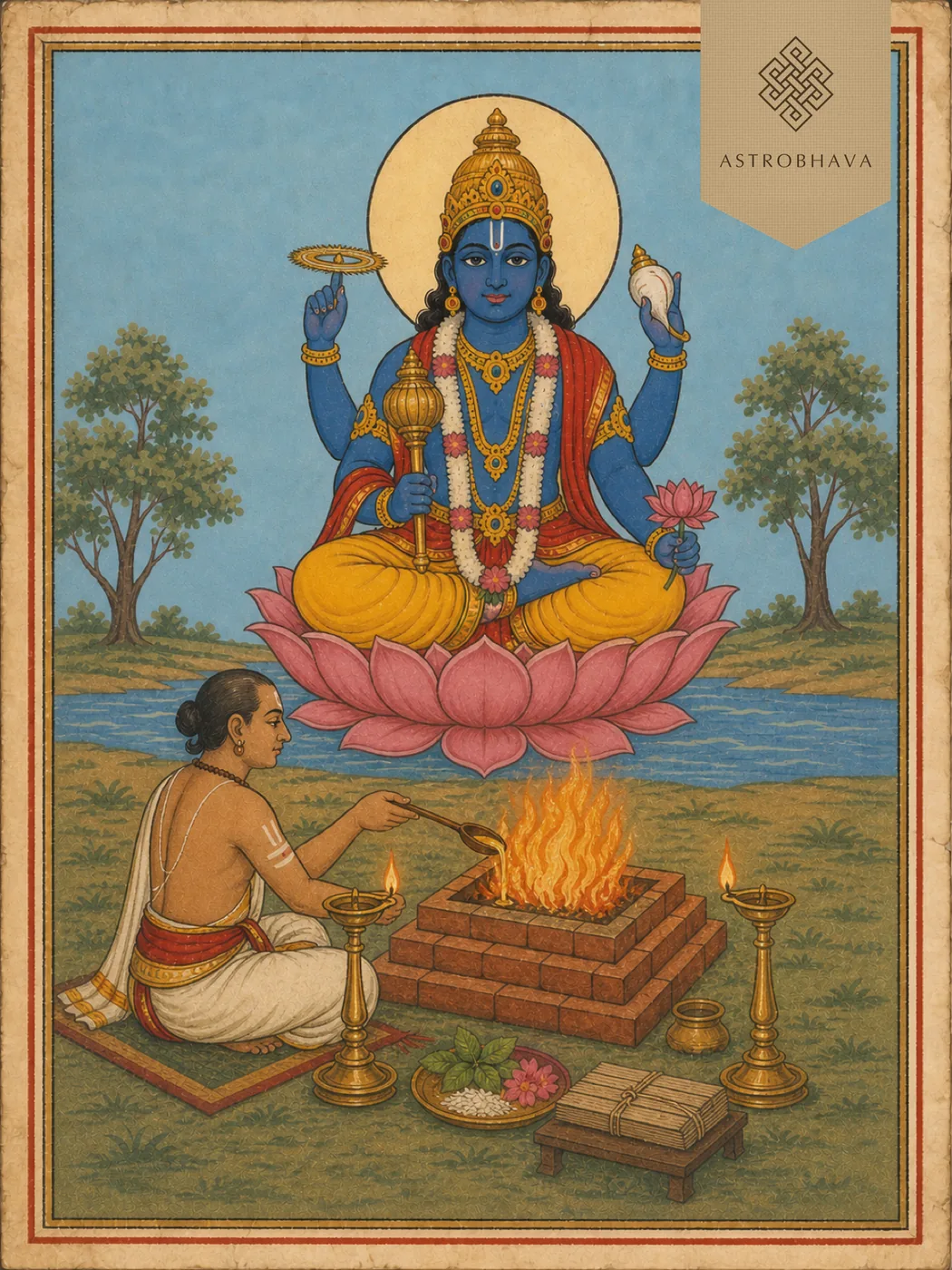 Vintage devotional illustration of four-armed Lord Narayana holding chakra, conch, mace and lotus for Narayana Sukta Homa