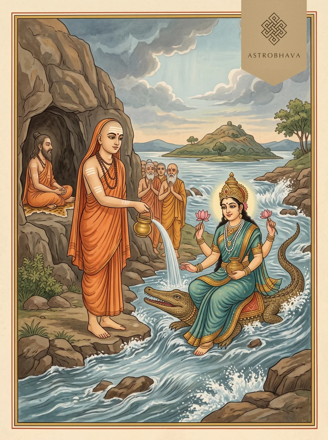 Narmada Ashtakam: young Shankara stilling the Narmada flood with his water pot at Omkareshwar as the river goddess rises