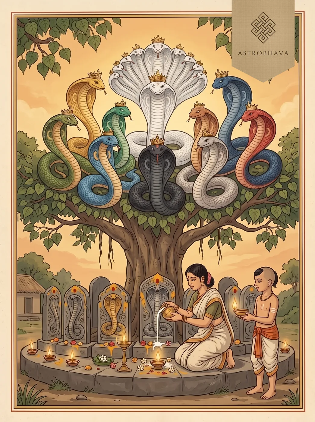 Nava Naga Stotram: nine crowned serpent kings rising in a ring above a village naga shrine where a woman offers milk at dusk