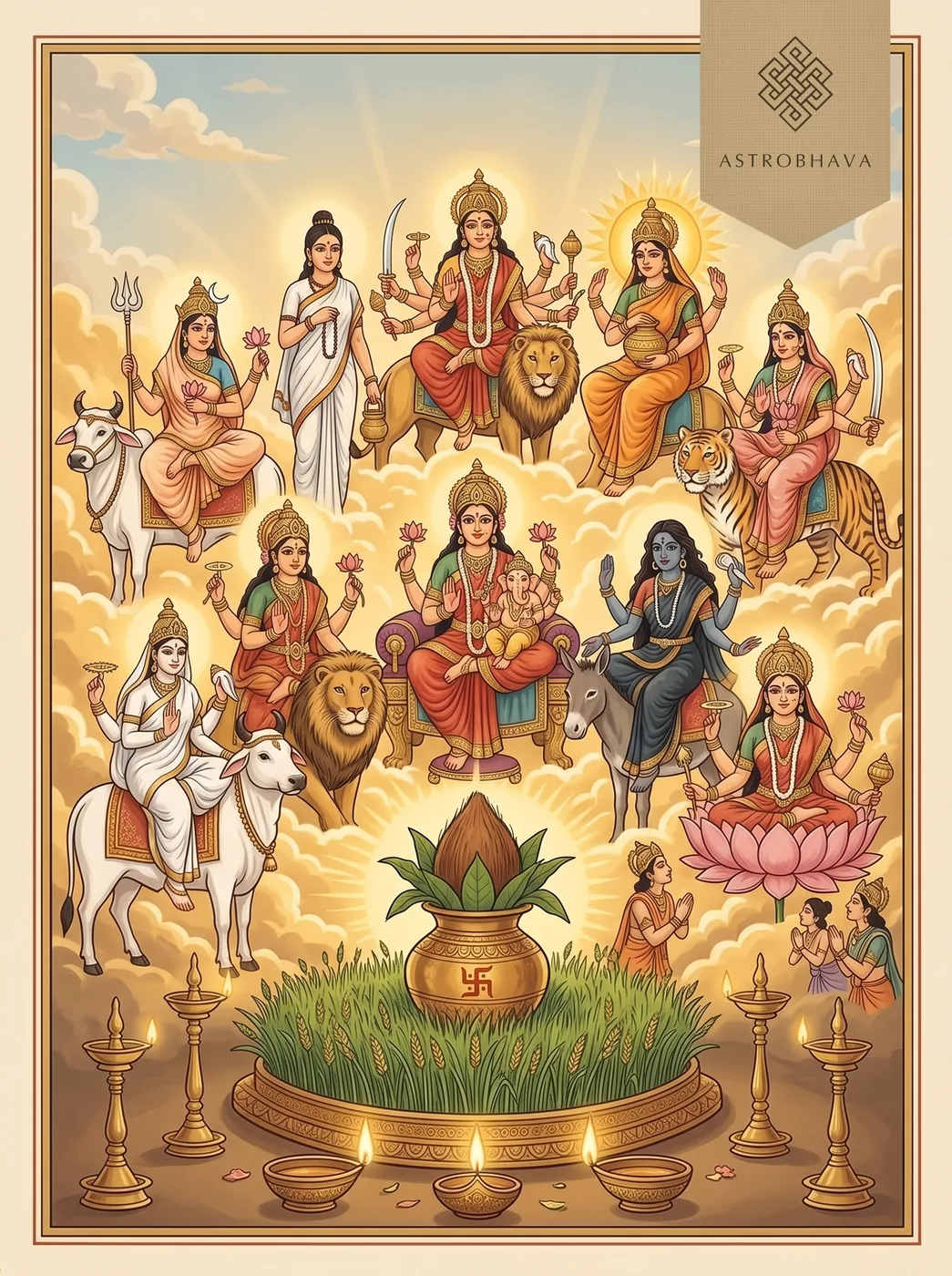 Navadurga Stotram: the nine forms of Durga in a semicircle on golden clouds, from Shailaputri on her bull to Siddhidatri on her lotus