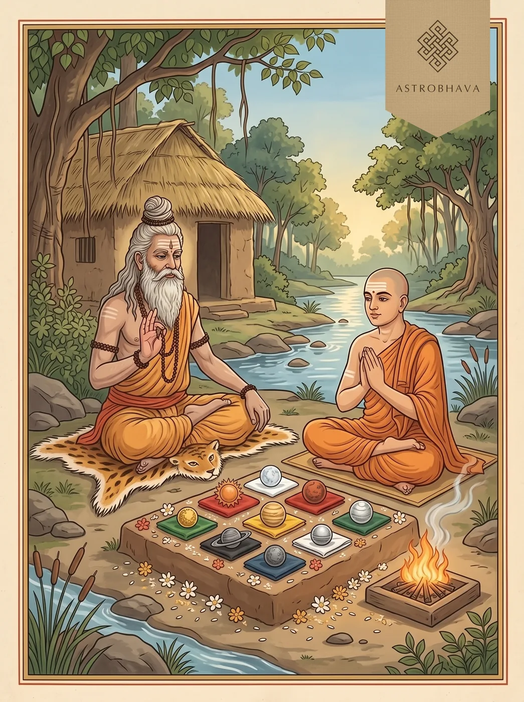 Navagraha Beej Mantras: the sage Parashara teaching Maitreya before nine small images of the planets set on coloured cloths