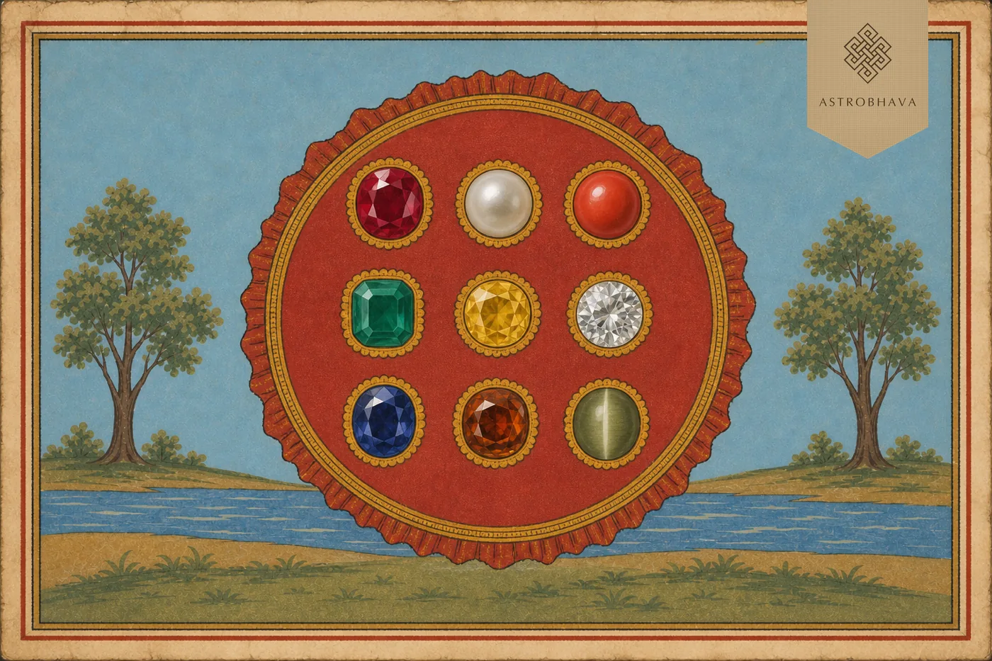 Vintage Indian astrology illustration of nine Navagraha gemstones arranged on a red-and-gold mandala cloth
