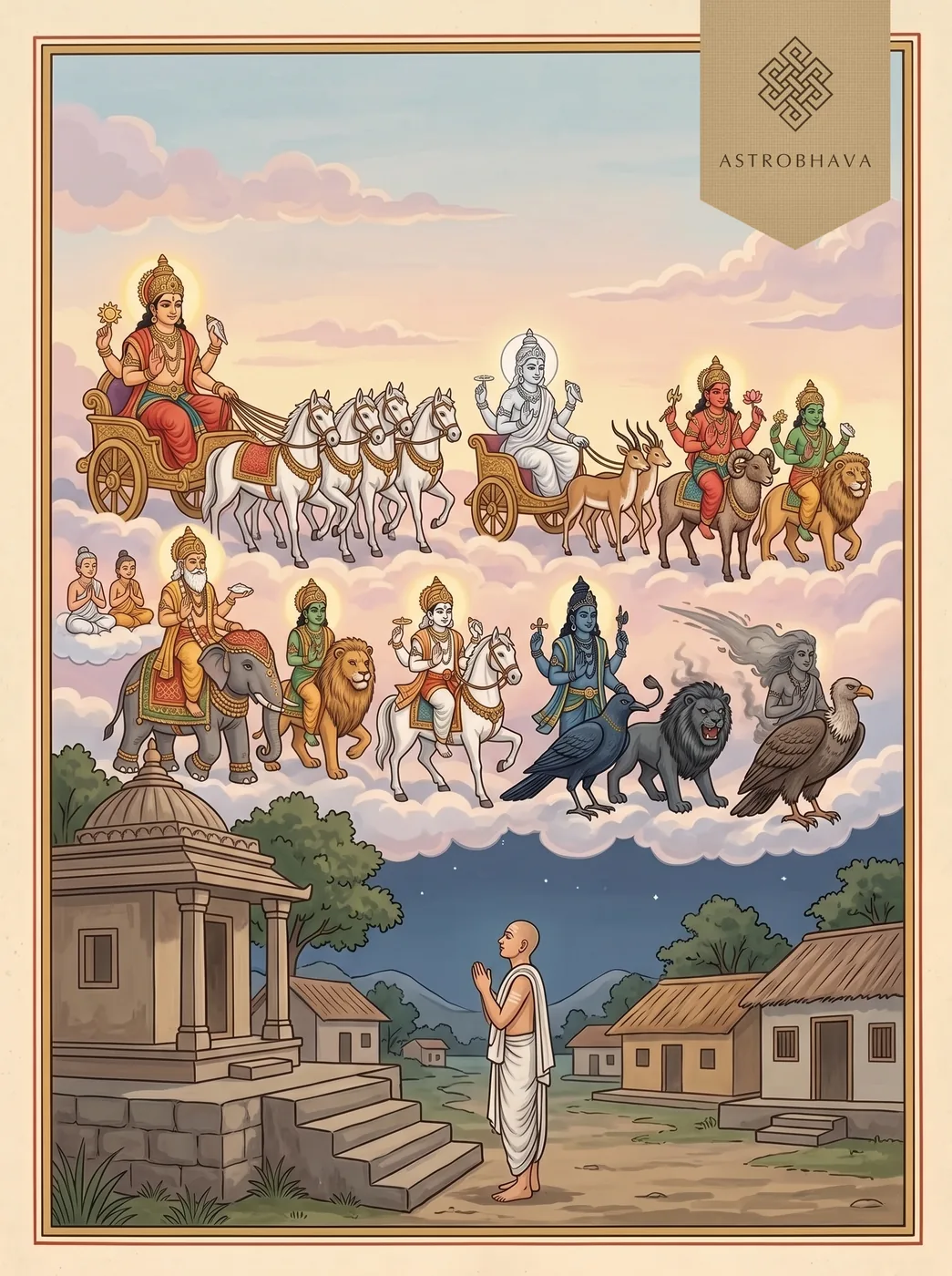 Navagraha Peedahara Stotram: the nine planetary deities crossing the dawn sky on their mounts as a devotee prays below