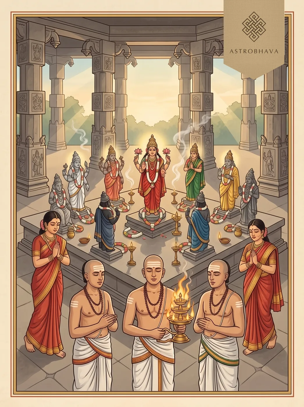 Navagraha Suktam: priests chanting at dawn before the nine stone planet images on their raised platform in a South Indian temple hall