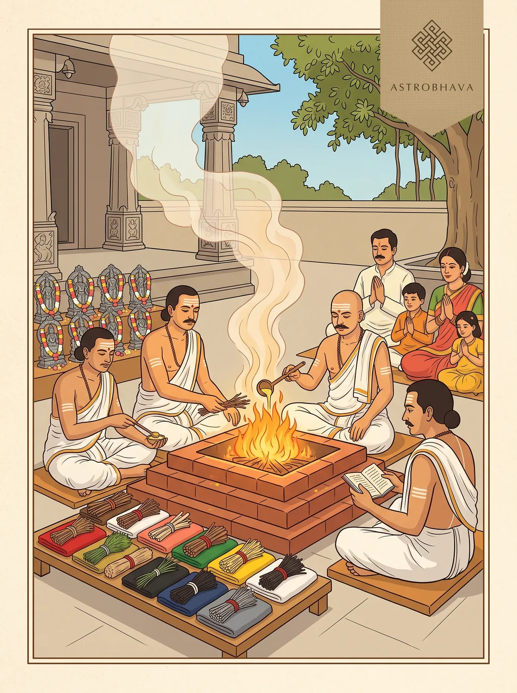 Navagraha Vedic Mantras: priests at a Navagraha homam offering nine kinds of sacred wood into the fire before the nine planet images