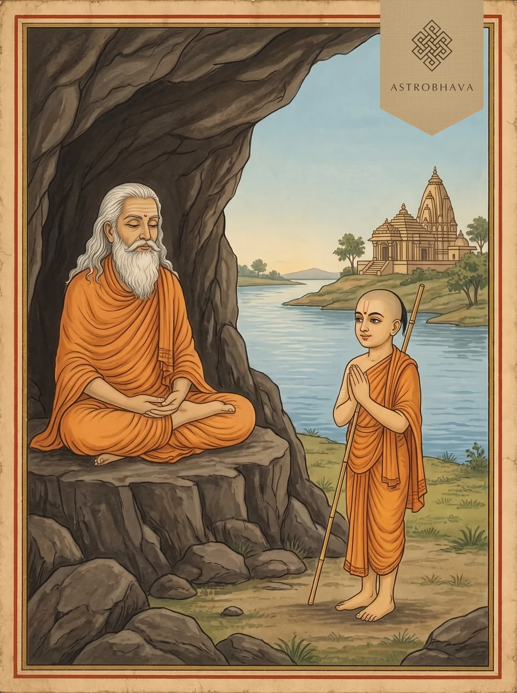 Nirvana Shatakam: boy Adi Shankara with folded hands before his guru Govinda Bhagavatpada at a cave on the Narmada