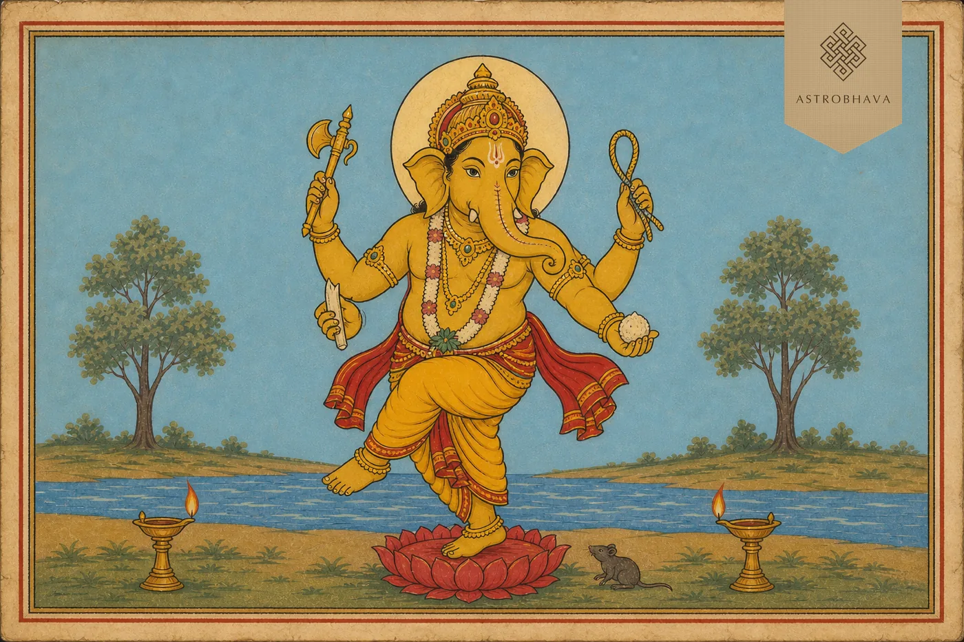 Vintage Indian devotional illustration of golden four-armed Nritya Ganapathi dancing with noose, goad, broken tusk and modaka