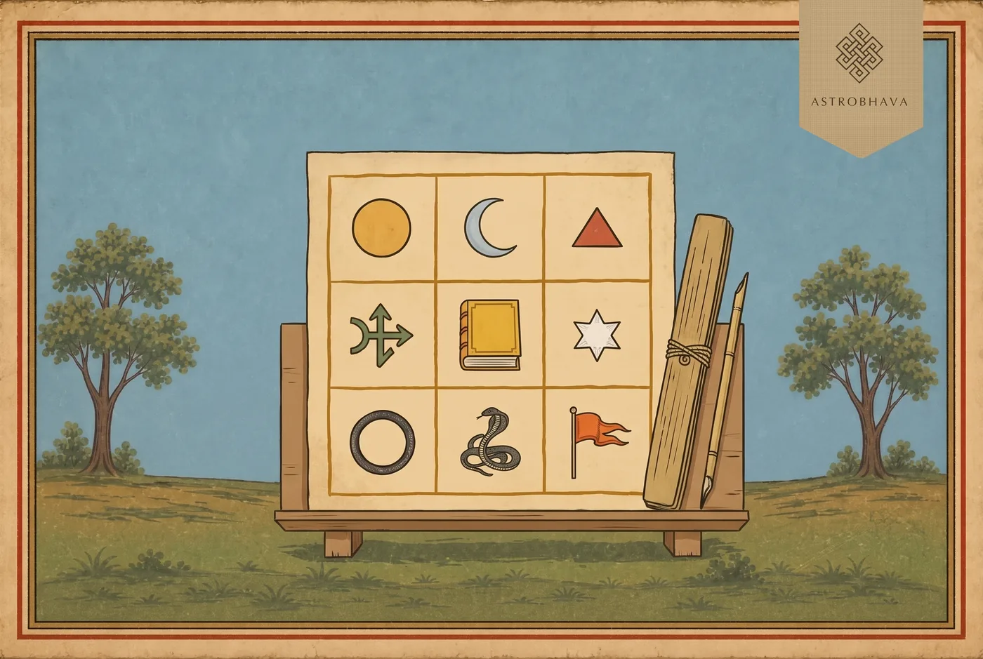 Numerology Calculator: a Lo Shu grid of nine squares, each holding the symbol of one graha, beside a palm-leaf manuscript
