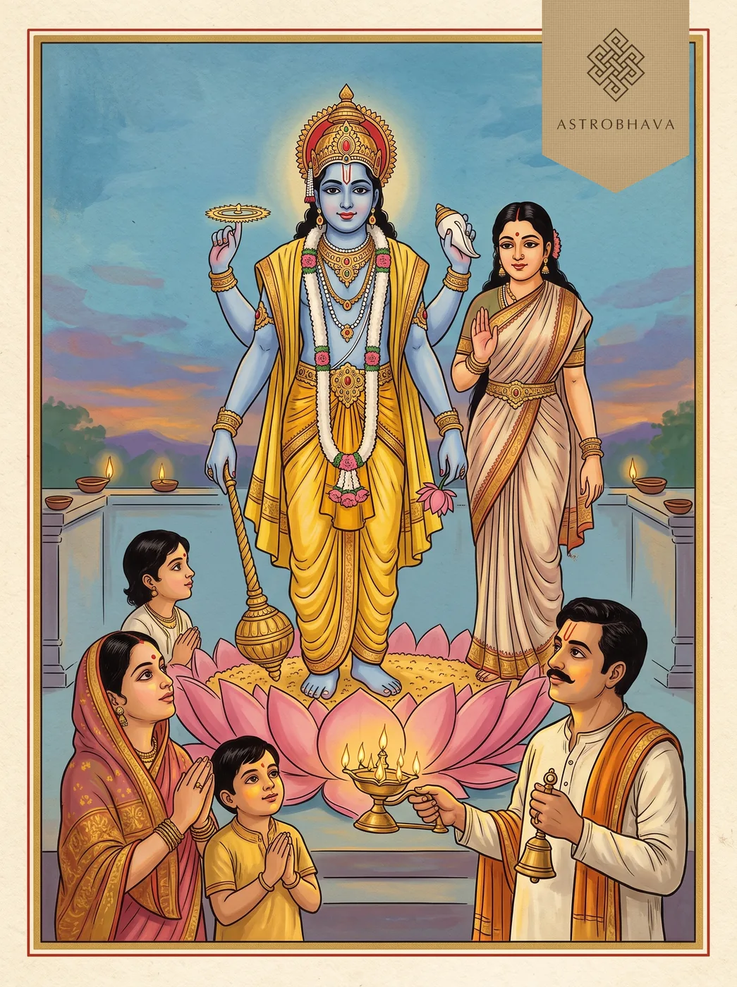 Om Jai Jagdish Hare Aarti: four-armed Lord Vishnu with Lakshmi on a lotus as a family performs the evening aarti
