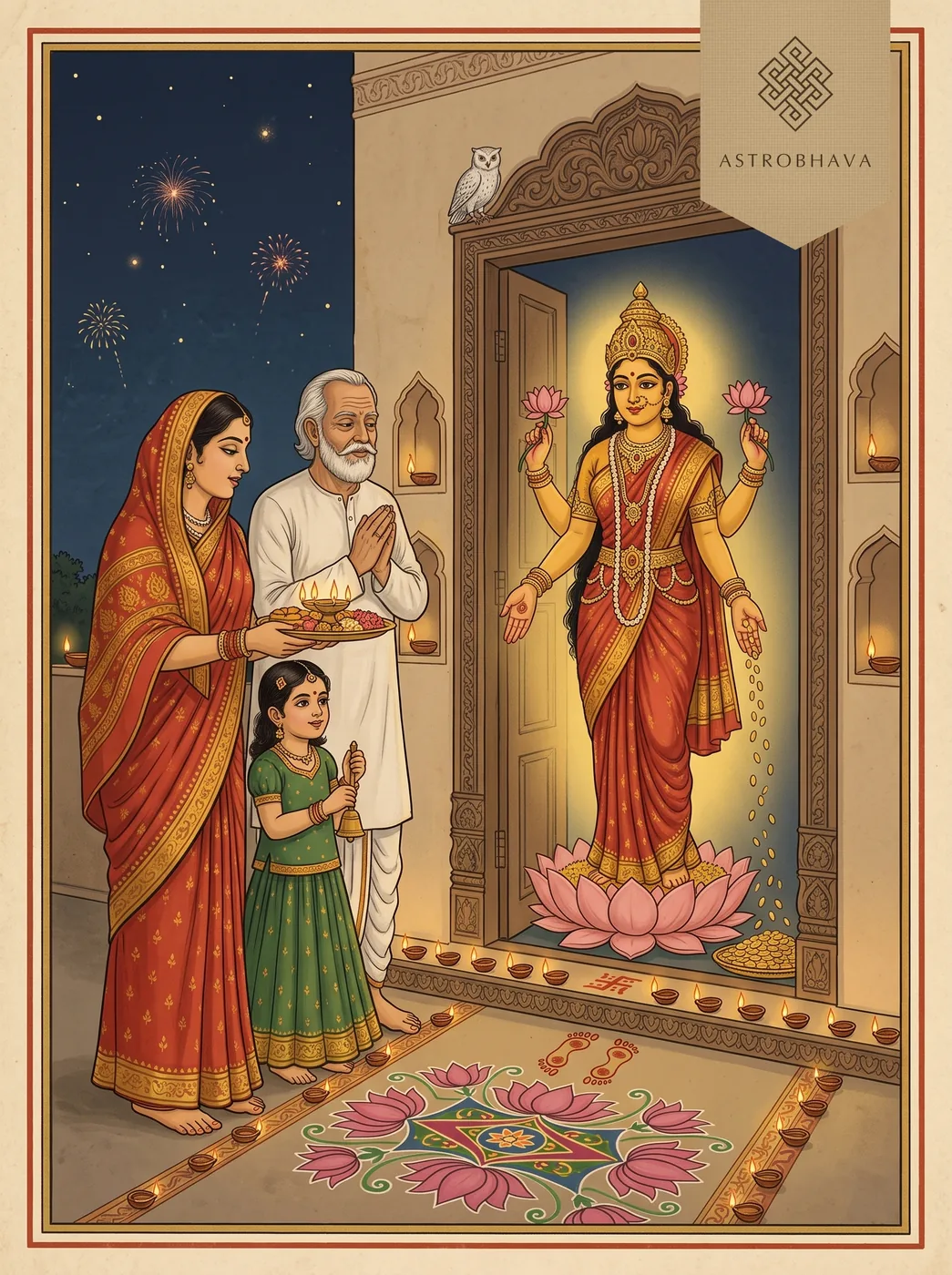 Om Jai Lakshmi Mata: a family singing the aarti on Diwali night as Goddess Lakshmi appears on a lotus in the doorway