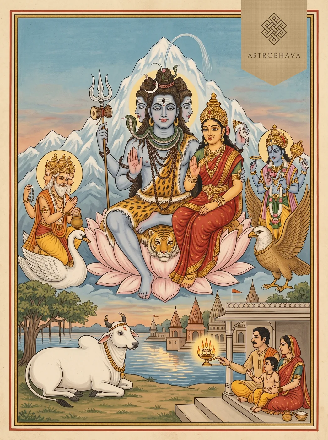 Om Jai Shiv Omkara Aarti: five-faced Shiva with Parvati, Brahma and Vishnu as a family waves an aarti lamp