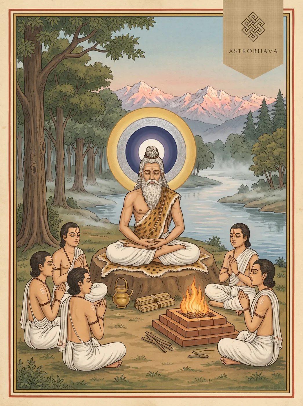 Om Mantra: a Vedic rishi meditating at dawn by a Himalayan river as disciples chant, three rings of light above him