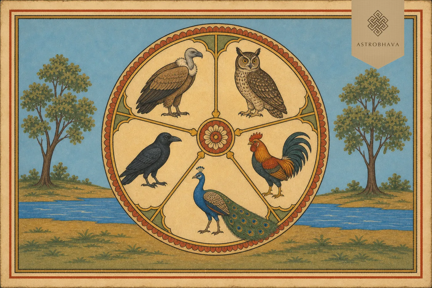 Vintage Indian Pancha Pakshi illustration with a vulture, owl, crow, rooster and peacock in a five-part traditional wheel