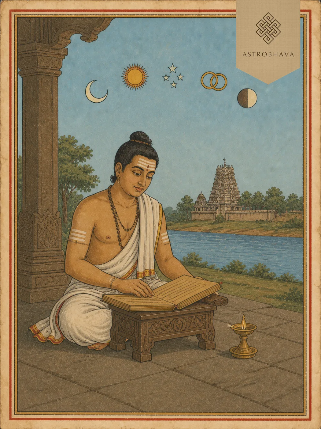 Vintage Indian lithograph illustration of a South Indian astrologer reading a palm-leaf Panchang beneath five celestial limb symbols beside a temple river