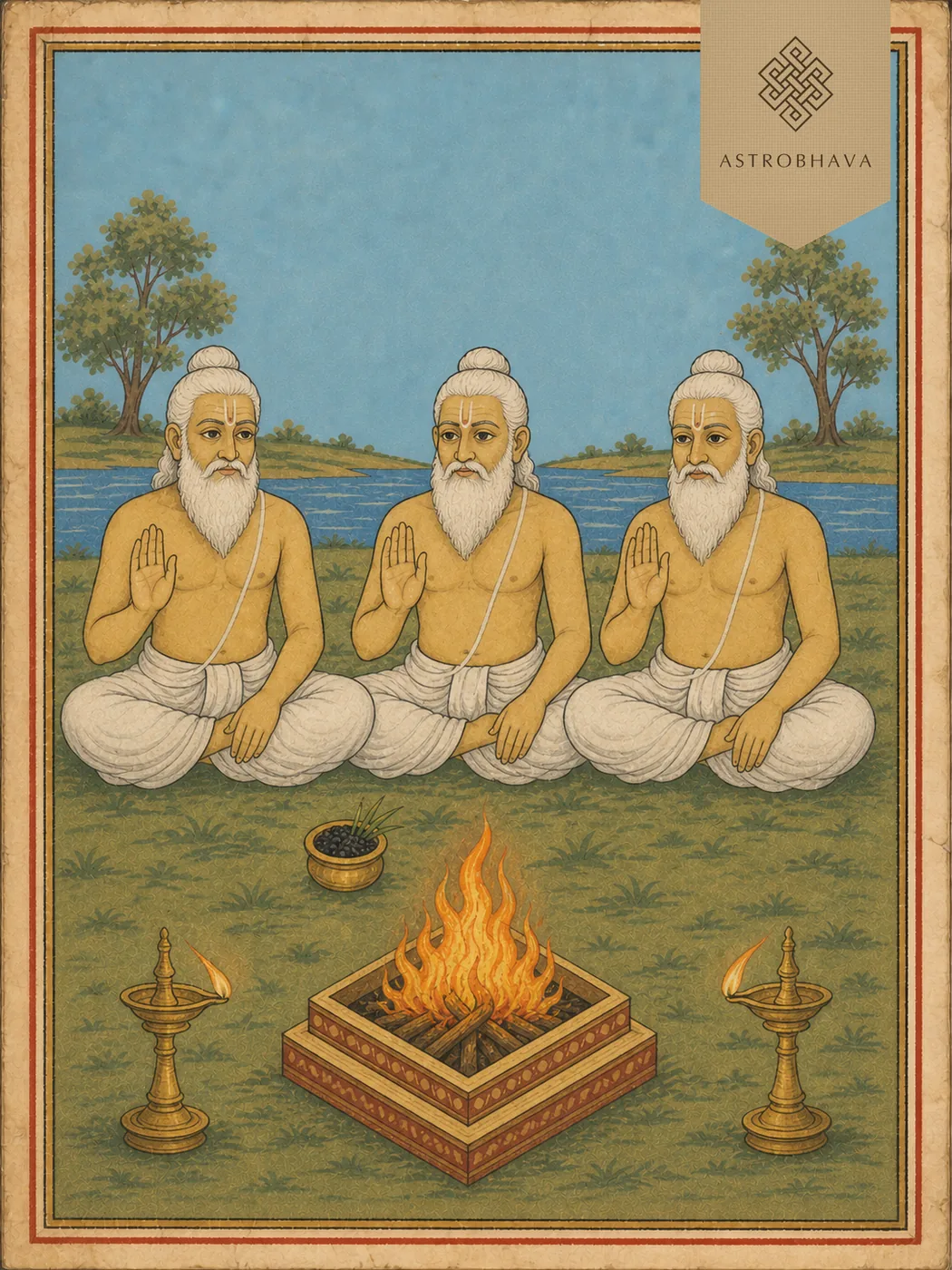 Vintage devotional illustration of three Pitru Devatas with black sesame and darbha for Magha Nakshatra Homa