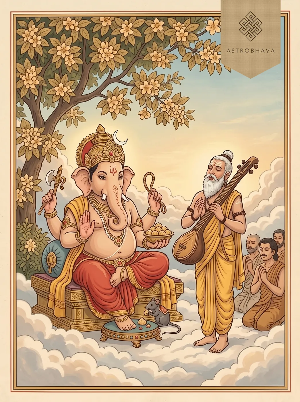 Pranamya Shirasa Devam: the sage Narada with his veena singing before single-tusked Ganesha with the moon on his forehead