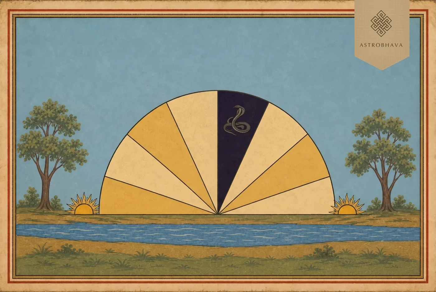 Rahu Kalam today: a sunrise-to-sunset dial in eight parts, one darkened with a coiled serpent for Rahu's ninety minutes