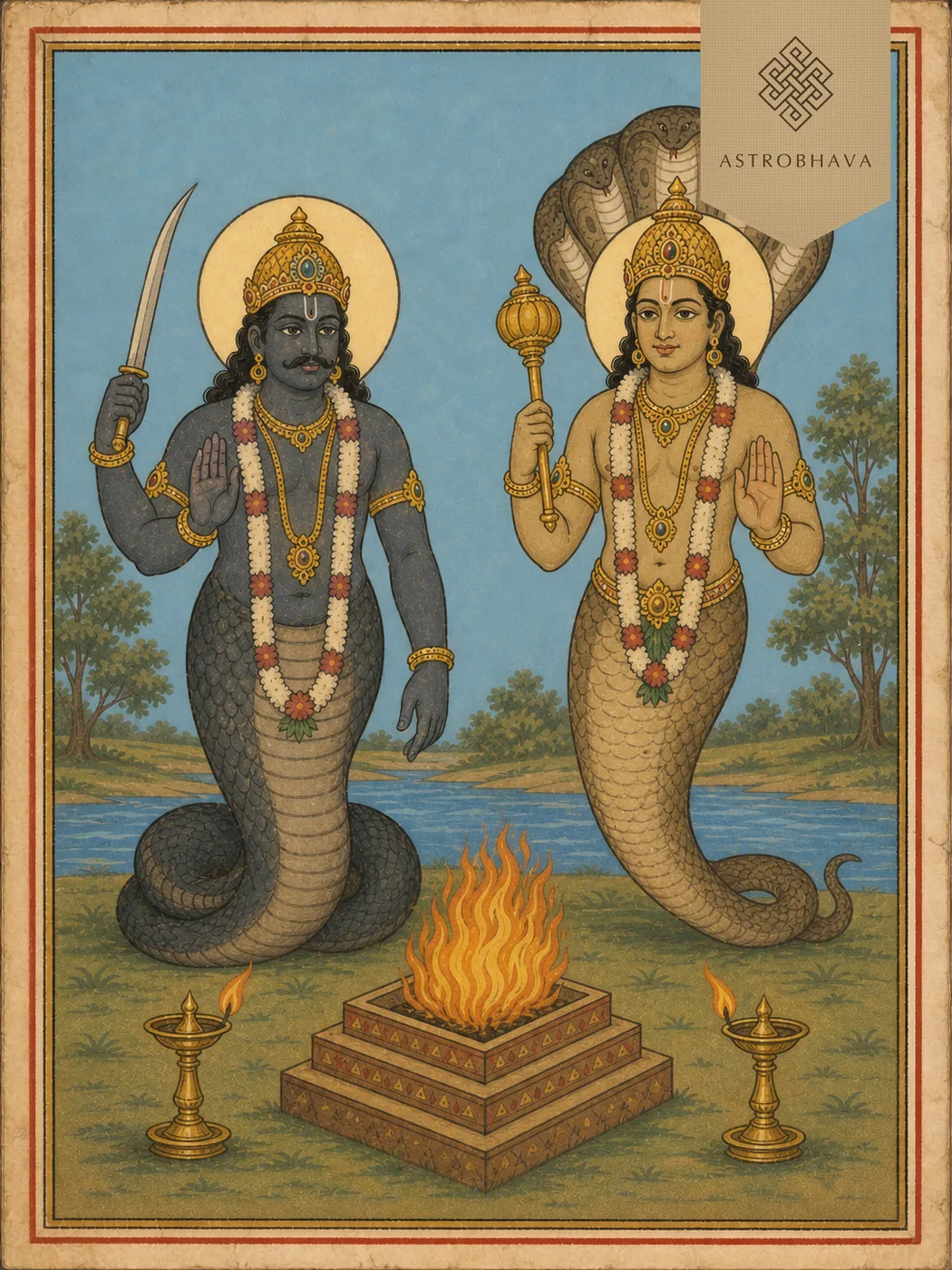 Vintage devotional illustration of serpent-bodied Rahu and Ketu beside a Homa fire for Rahu Ketu Shanti Homa
