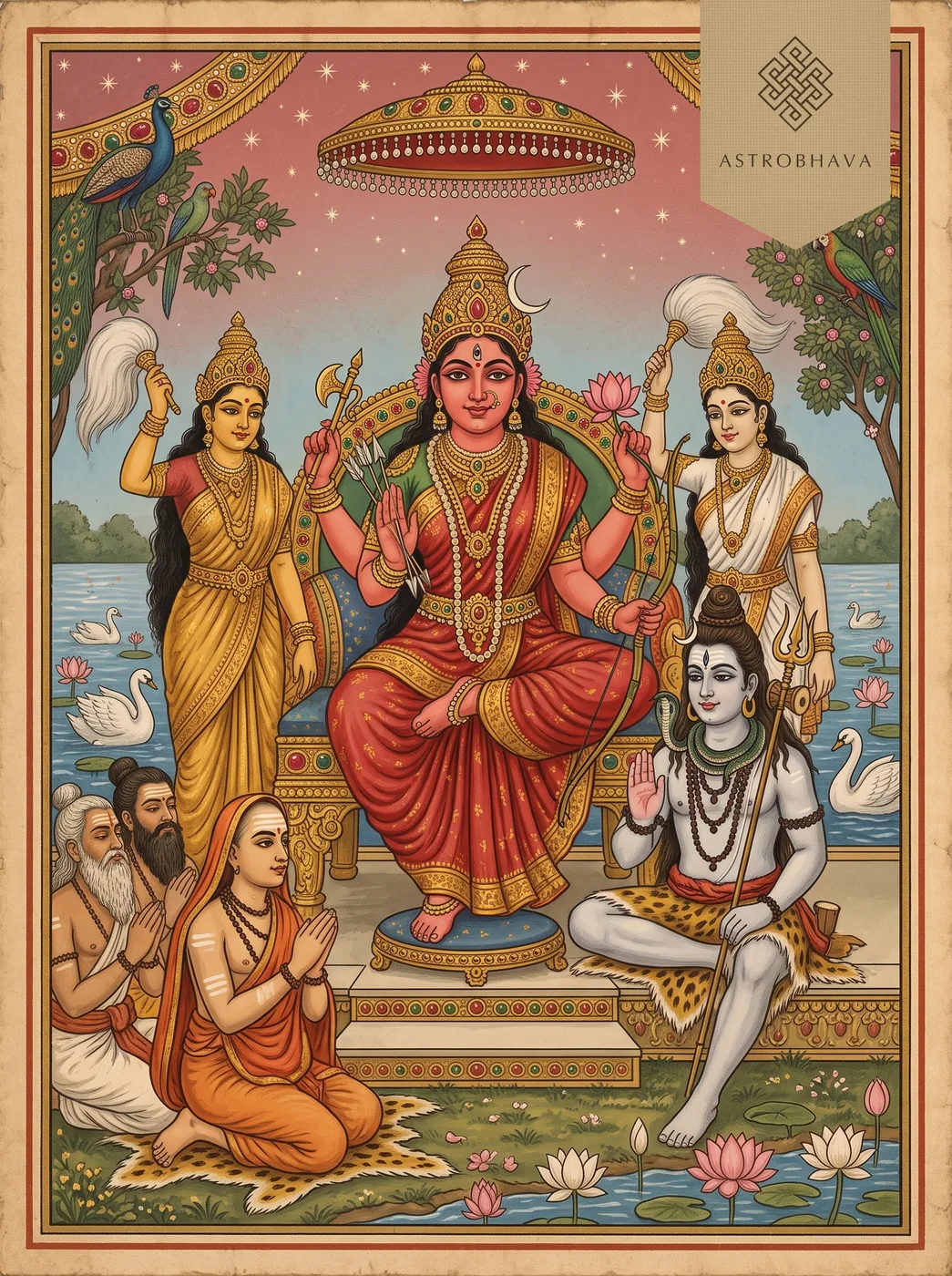 Rajarajeshwari Ashtakam: Goddess Rajarajeshwari enthroned on Manidvipa with sugarcane bow as Shankara kneels in praise