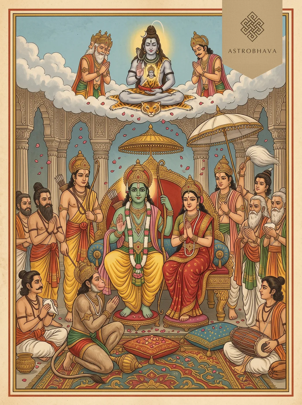 Ram Chalisa: Rama and Sita enthroned in Ayodhya with Lakshmana, Bharata, Shatrughna and kneeling Hanuman, Shiva above