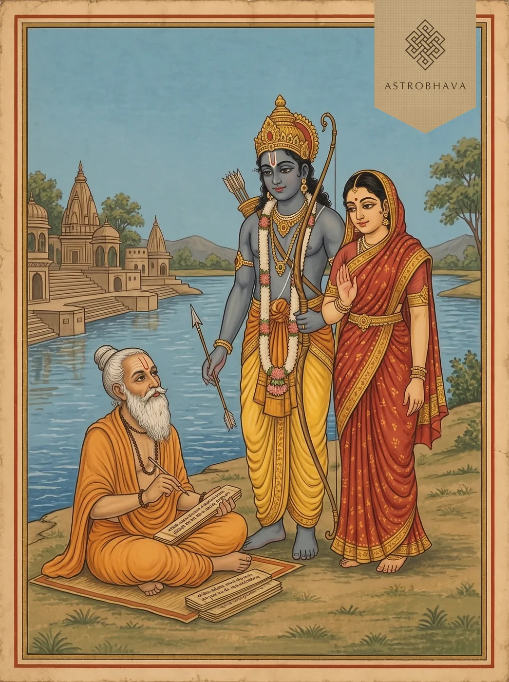 Shri Ram Chandra Kripalu: Tulsidas writing on palm leaves at a river ghat before a vision of Lord Rama and Sita