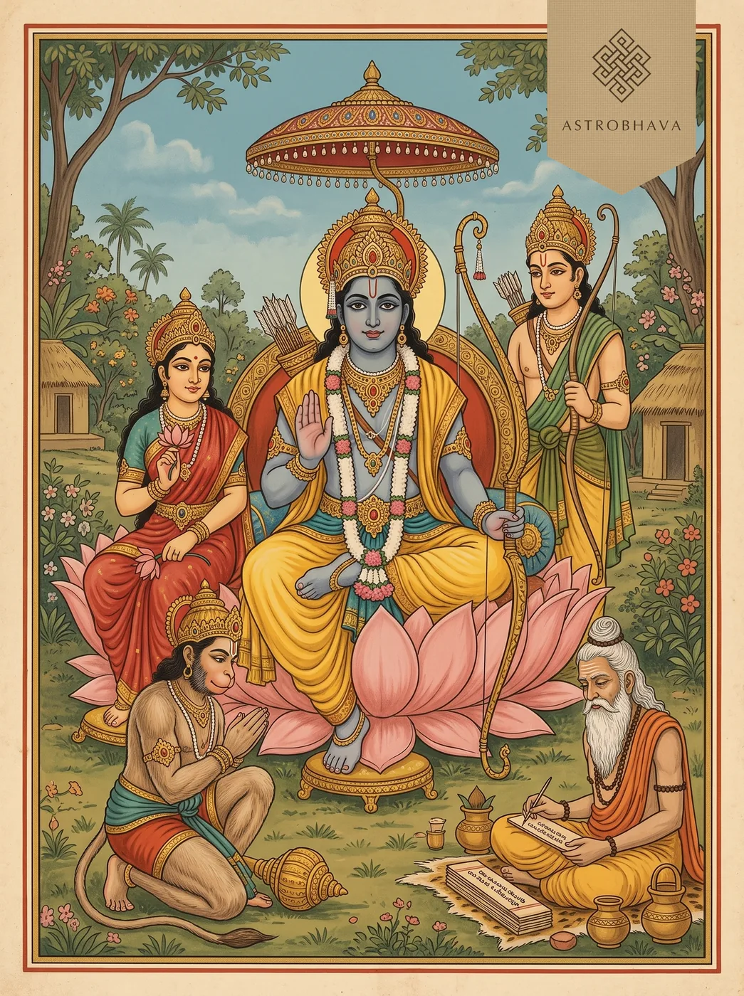 Rama Raksha Stotram (Ram Raksha Stotra): Lord Rama with Sita, Lakshmana and Hanuman as sage Budha Kaushika writes