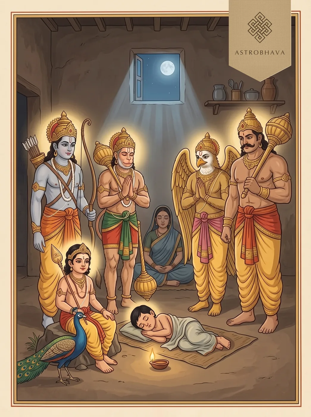 Ramaskandam Hanumantam: Rama, Skanda, Hanuman, Garuda and Bhima standing guard around a child asleep beside a lamp