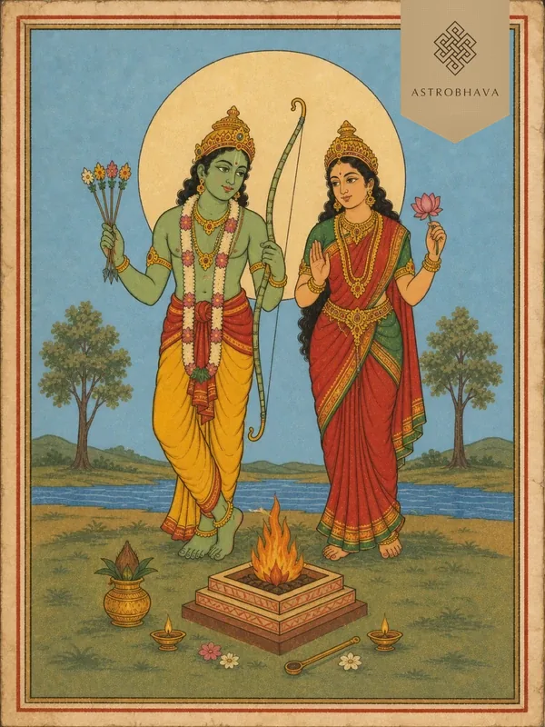 Vintage devotional illustration of Rati and green-complexioned Manmatha with a sugarcane bow and five flower arrows behind a Homa altar