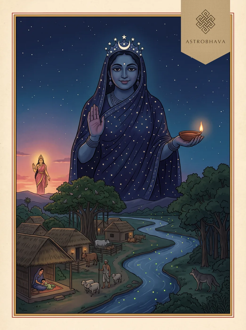 Ratri Suktam: Ratri, the starry goddess of Night, watching over a sleeping Vedic village as Dawn withdraws in the west