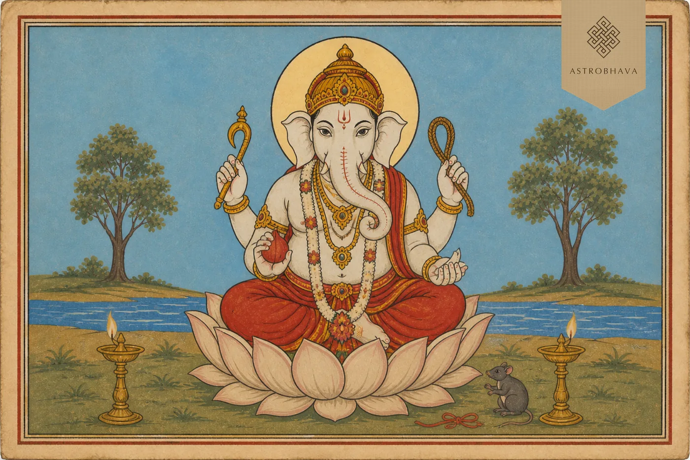 Vintage Indian devotional illustration of white four-armed Rinamochana Ganapathi with red garments, rose apple, noose, goad and tusk