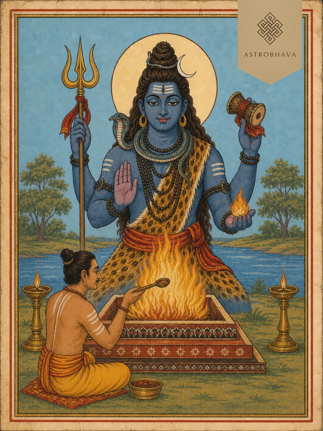 Vintage devotional illustration of four-armed Lord Rudra holding a trident, damaru and flame behind a Homa altar