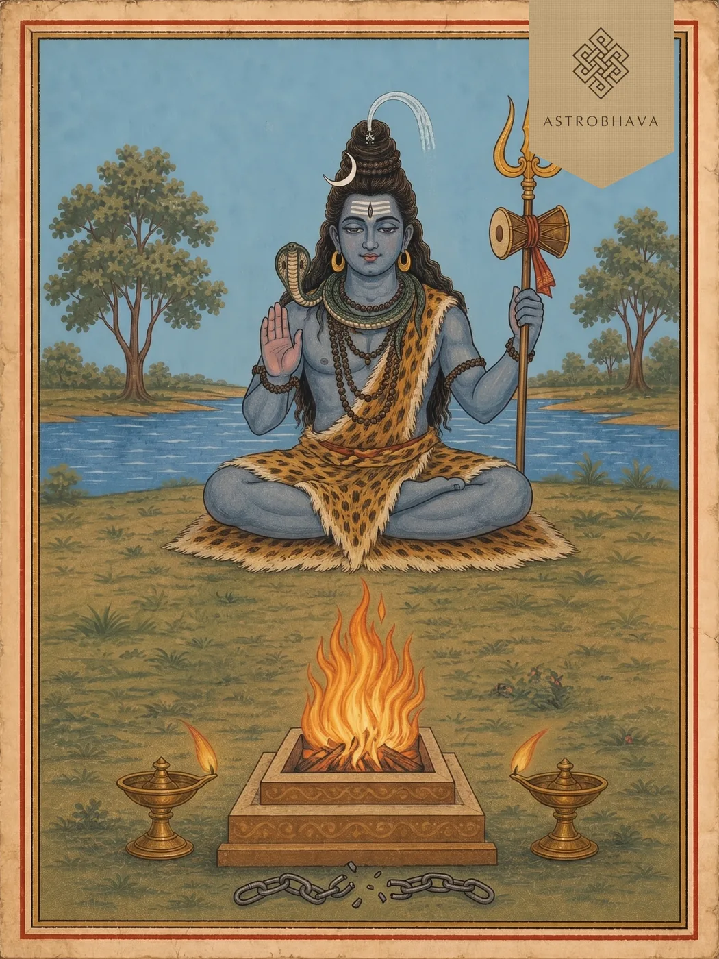 Runa Vimochana Homam for debt relief: Lord Shiva seated with his trident and blessing hand above broken chain links