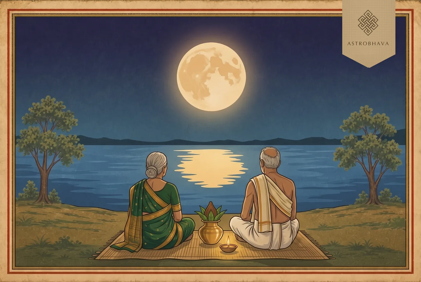 Sahasra Chandra Darshan: an elderly couple seated side by side under the full moon, a kalasha and lamp before them on the riverbank