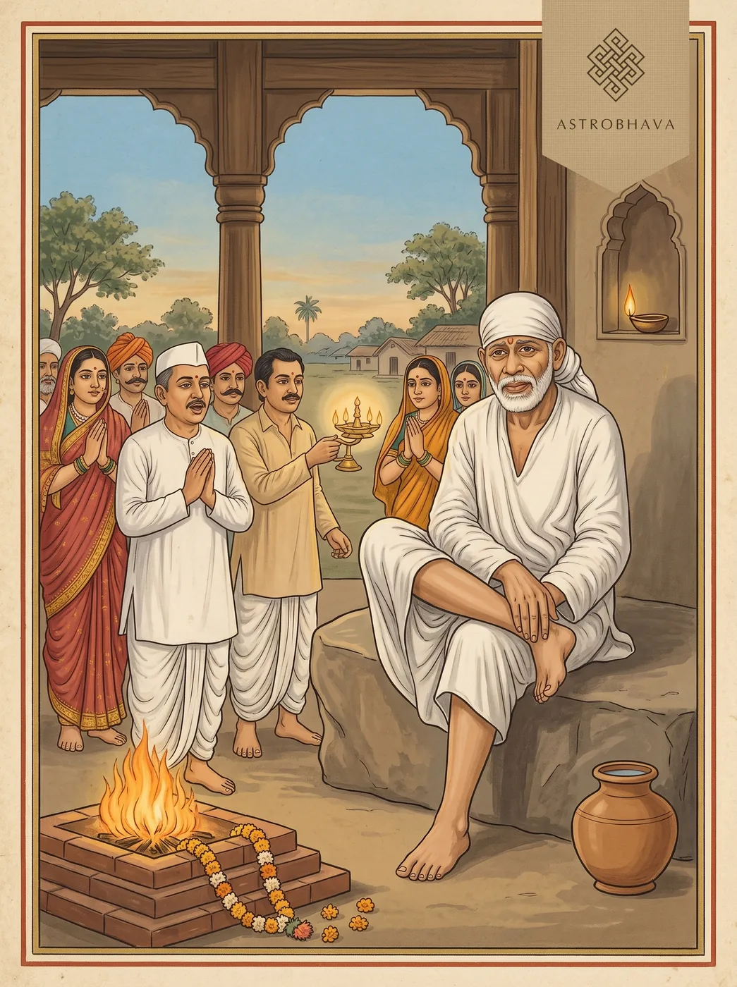 Shirdi Sai Baba Aarti: Shirdi Sai Baba at the Dwarkamai by his sacred fire as devotees wave the aarti lamp
