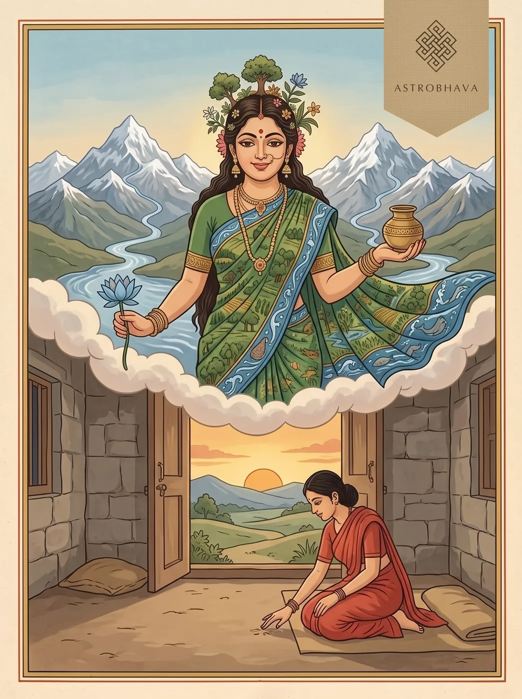 Samudra Vasane Devi: a devotee touching the ground at dawn as Bhumi Devi, clothed in the ocean, smiles down on her