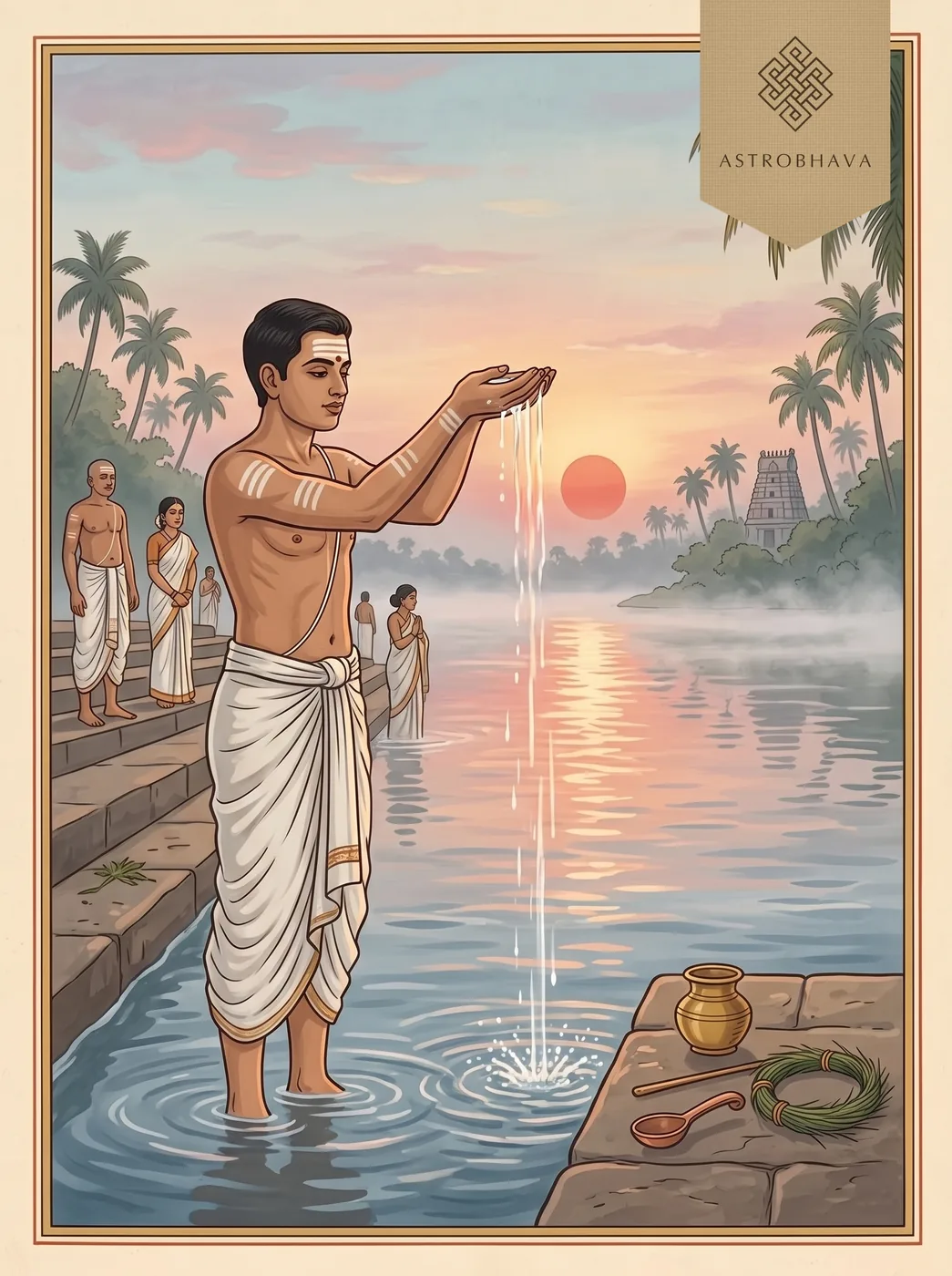 Sandhyavandanam Mantras: a man standing in a river at dawn pouring arghya from his cupped hands toward the rising Sun